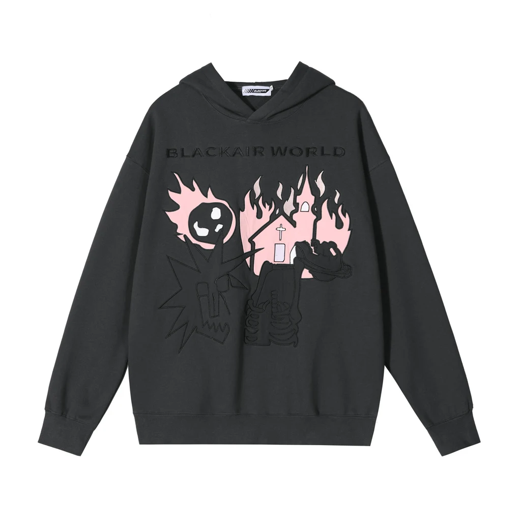 Funny Flame Skull Fleece Hoodie - Grey