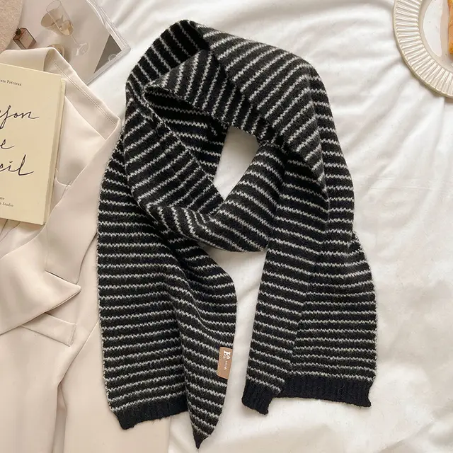 Women's Warm Knitting Wool Thickened Simple Windproof Scarf Pinstripe Black - Shop at LoveMi