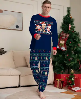 Printed Christmas Parent Child Suit Holiday Lovely Home Dress Pajamas - Navy Blue