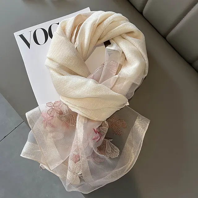 New Fashion Embroidered Long Silk Wool Scarf For Women Beige - Shop at LoveMi
