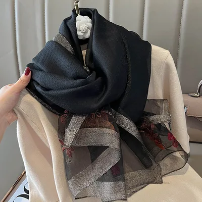 New Fashion Embroidered Long Silk Wool Scarf For Women Black - Shop at LoveMi
