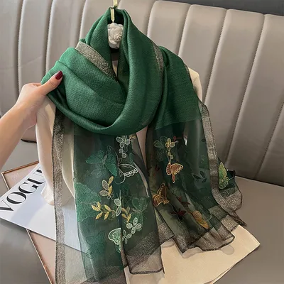New Fashion Embroidered Long Silk Wool Scarf For Women Green - Shop at LoveMi