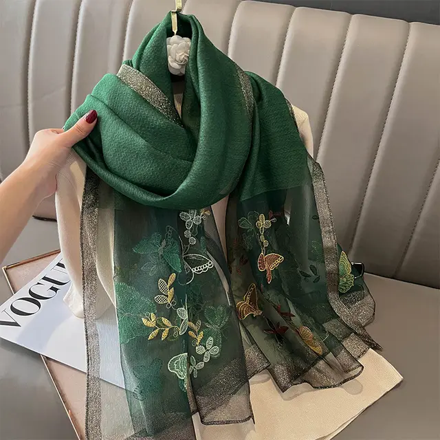 New Fashion Embroidered Long Silk Wool Scarf For Women Green - Shop at LoveMi