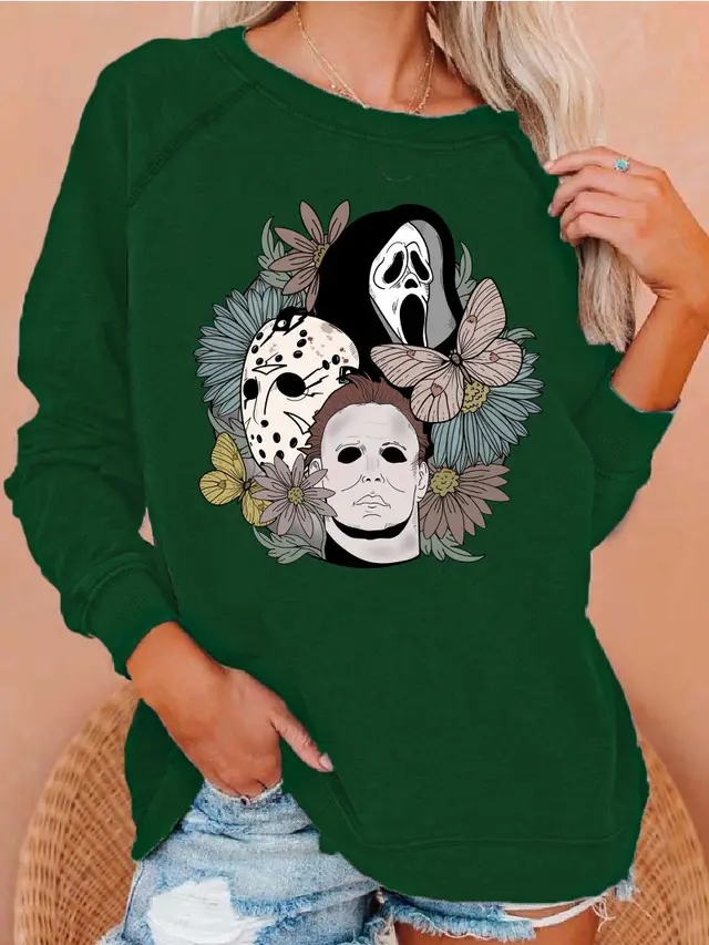Women's Printed Raglan Round Neck Sweater Green - Shop at LoveMi