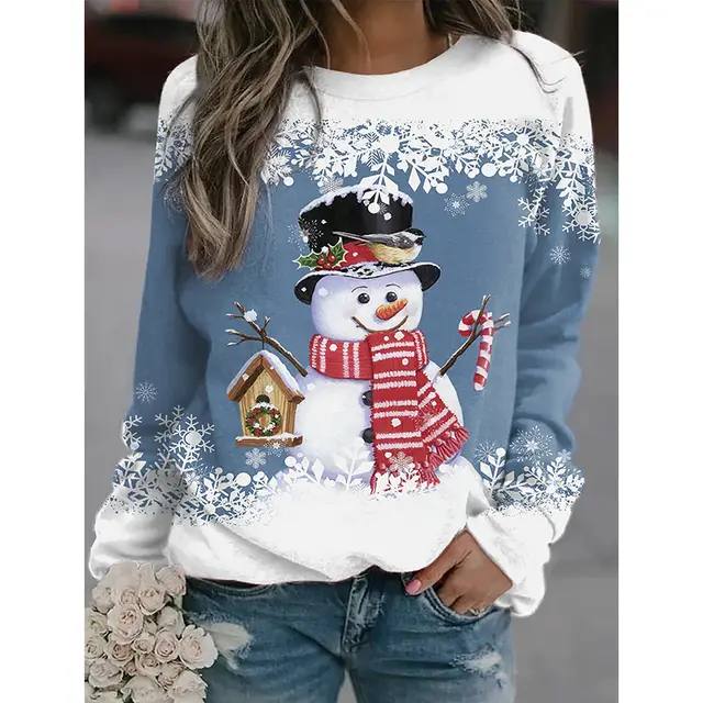 Snowman Printed Panel Loose Sweater Blue - Shop at LoveMi