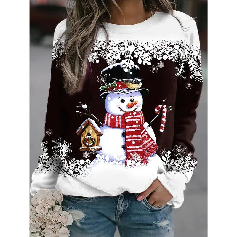 Women's Snowman Print Loose Sweater, Coffee - Shop at LoveMi