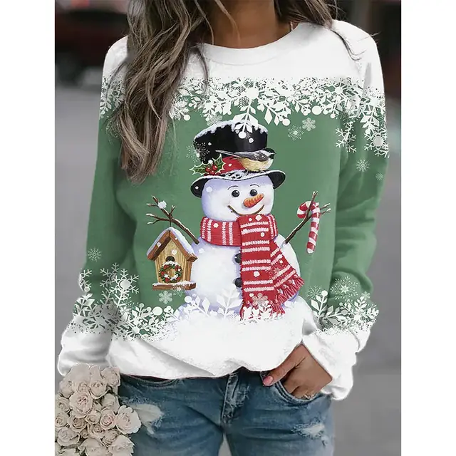 Snowman Printed Panel Loose Sweater Green - Shop at LoveMi