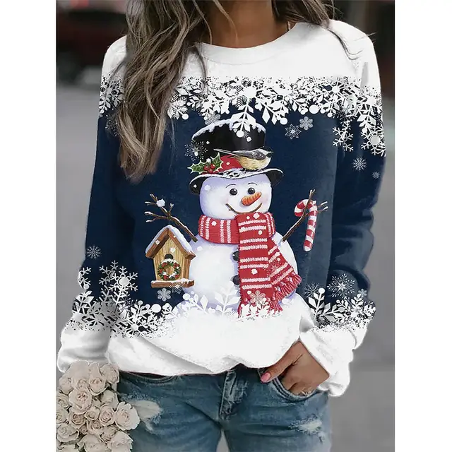 Snowman Printed Panel Loose Sweater Navy Blue - Shop at LoveMi