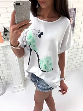 European And American Ladies High Heels Printed Loose Short Sleeve T-shirt - Green