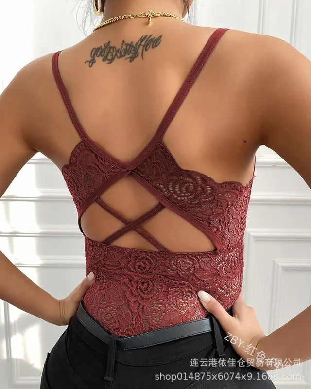 Lace Plus Size Spaghetti Straps Outerwear Vest Women's Slim Fit Inner Wear Bottoming Shirt Red - Shop at LoveMi