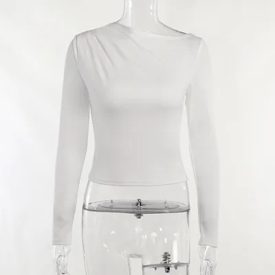 One shoulder Pleated Base Base Long Sleeve Autumn European And American Fashion Women's Wear Temperament Commute Slim Top White - Shop at LoveMi