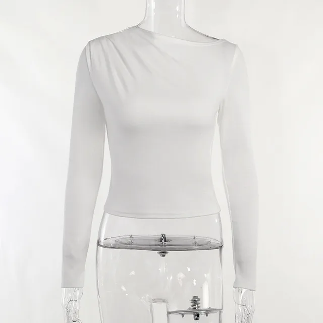 One shoulder Pleated Base Base Long Sleeve Autumn European And American Fashion Women's Wear Temperament Commute Slim Top White - Shop at LoveMi