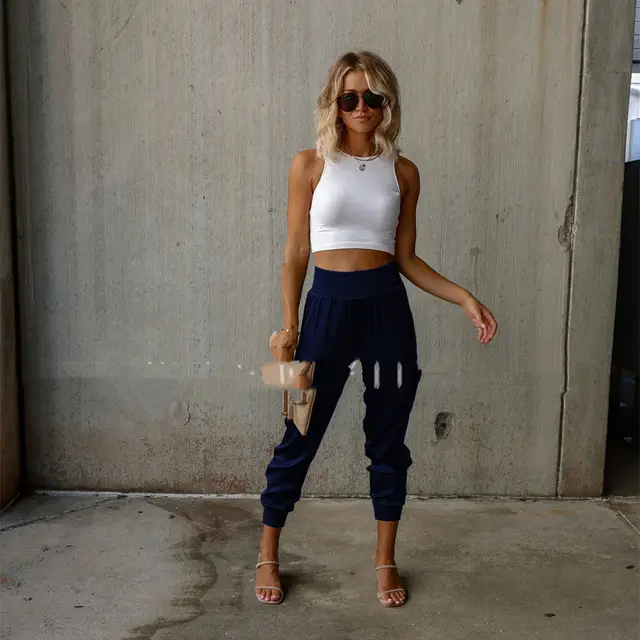 Autumn Satin Elastic Waist Pocket Fashion Women's Trousers Navy Blue - Shop at LoveMi