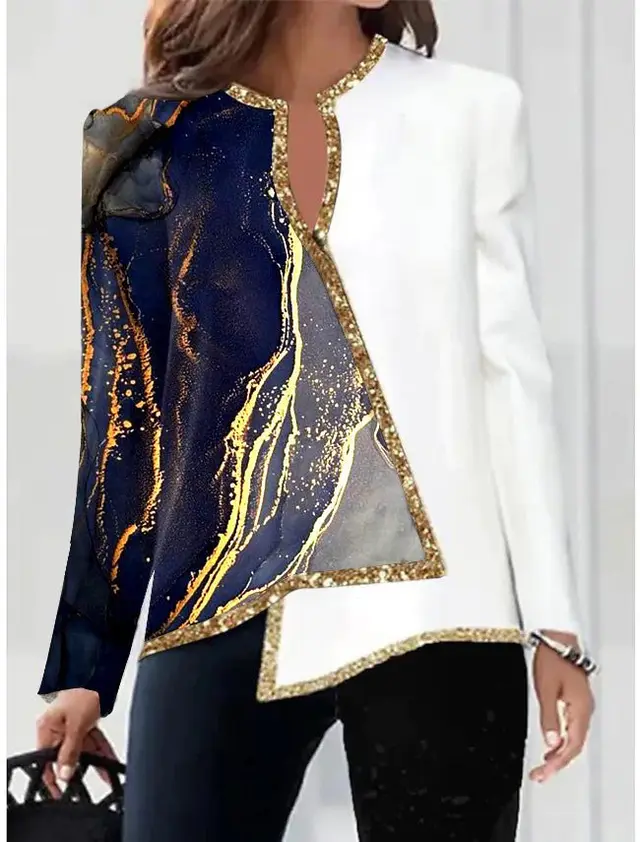 Digital Printed Flower V neck Hem Asymmetric Women's Long Sleeves Q304 Color - Shop at LoveMi