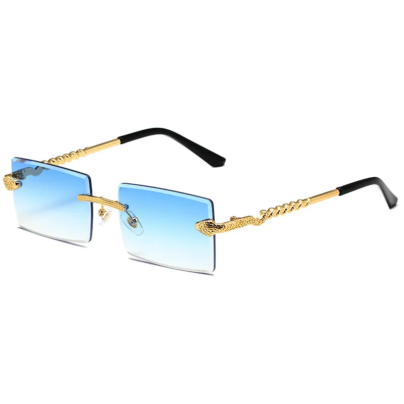 New Snake Shaped Metal Cut Edge Sunglasses For Women - Gold Framed Gradually Blue