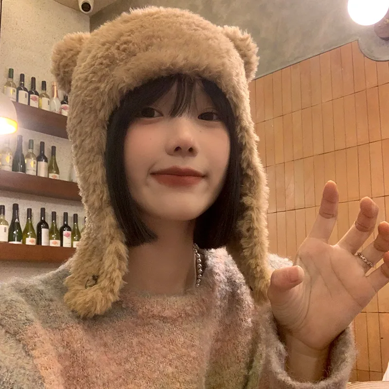 Cute Bear Ear Hat Warm Plush Ear Protector Coffee - Shop at LoveMi