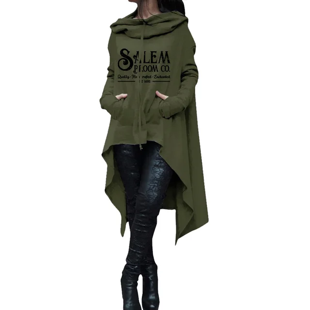 Autumn And Winter Mid length Long Sleeve Large Size Irregular Hooded Sweater Casual Top Army Green - Shop at LoveMi