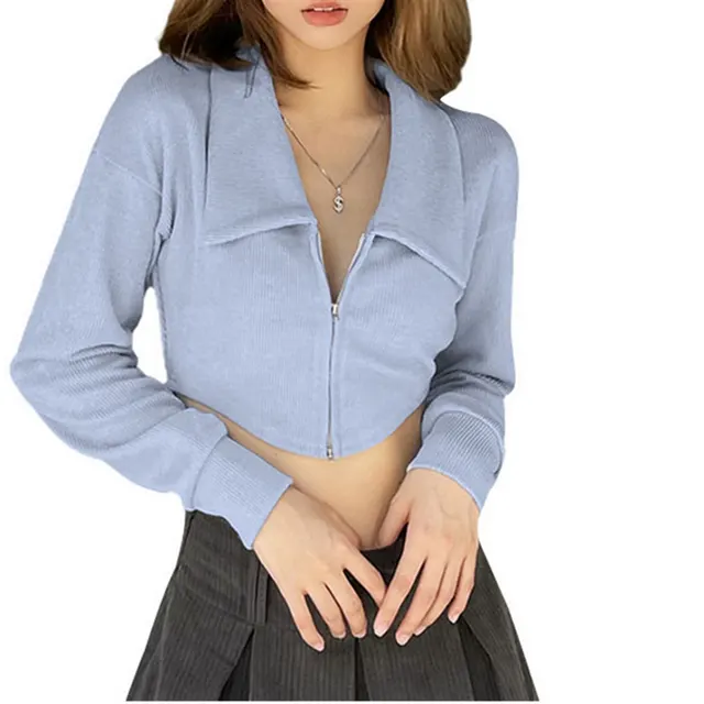 Jacket Neck Zip Cardigan Simple T shirt Blue - Shop at LoveMi