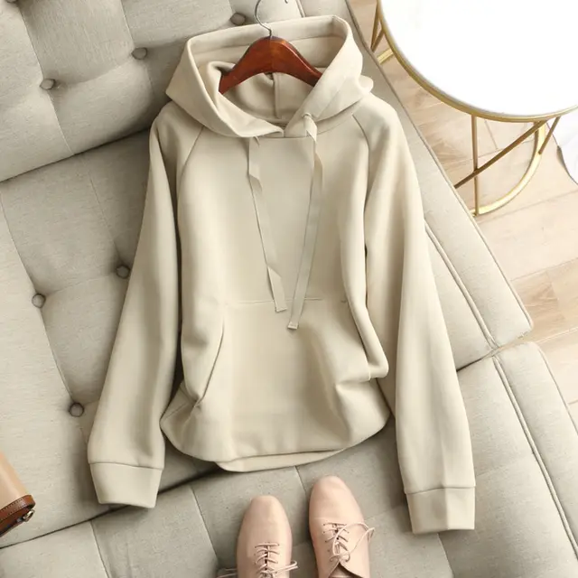 Women's Plain Hooded Drawstring Loose Sweater Khaki - Shop at LoveMi