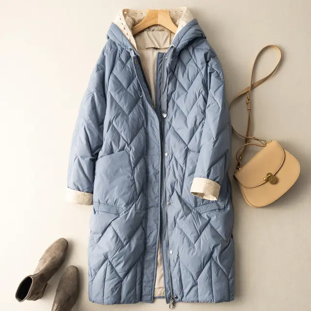 Medium Long Loose Warm Fashion Coat Women's Knitting Wool Hooded Down Jacket Blue - Shop at LoveMi