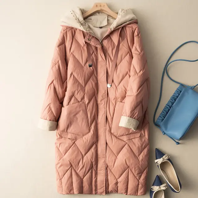 Medium Long Loose Warm Fashion Coat Women's Knitting Wool Hooded Down Jacket Pink - Shop at LoveMi