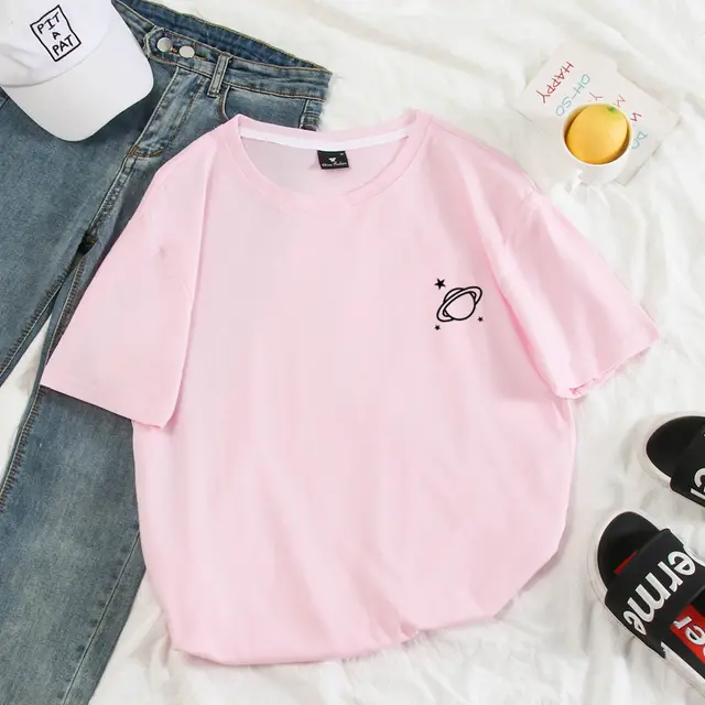 Women's Star Print Loose Pullover Loose And Simple T shirt Pink - Shop at LoveMi