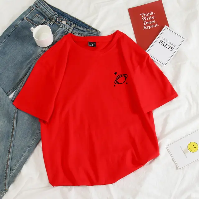 Women's Star Print Loose Pullover Loose And Simple T shirt Red - Shop at LoveMi