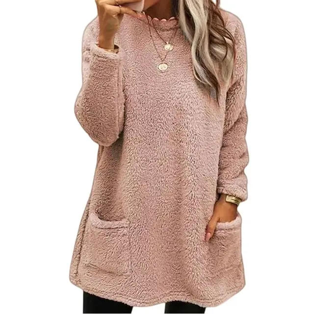 New Women's Pocket Round Neck Casual Warm Long Sleeve T shirt Skirt Pink - Shop at LoveMi