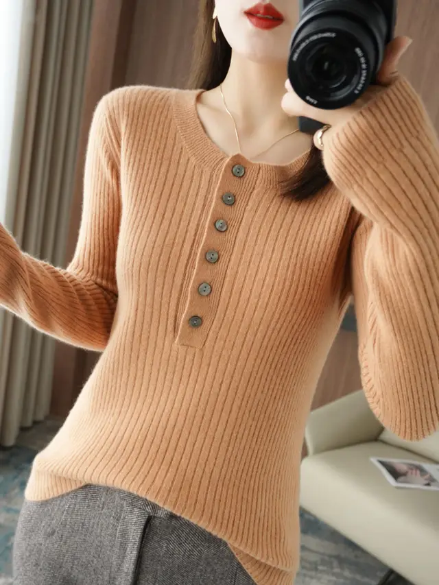 New Cashmere Sweater Women's Round Neck Long Sleeve Oversize Golden Camel - Shop at LoveMi