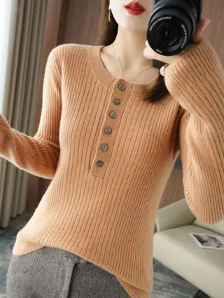 New Cashmere Sweater Women's Round Neck Long Sleeve Oversize - Golden Camel