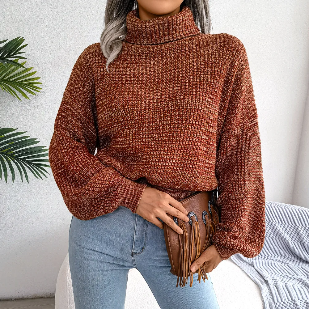 Mixed Color Lantern Long Sleeve High Neck Knitting Sweater Orange - Shop at LoveMi