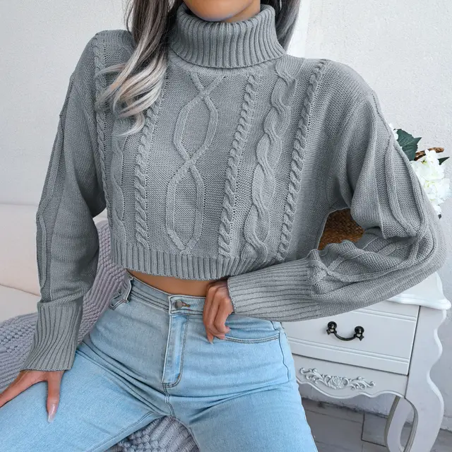Fashion Fried Dough Twist Long Sleeve High Neck Short Pullover Grey - Shop at LoveMi