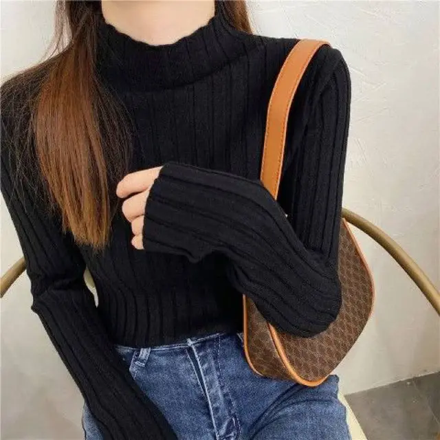 Women's Half High Collar White Knitting Top Black - Shop at LoveMi
