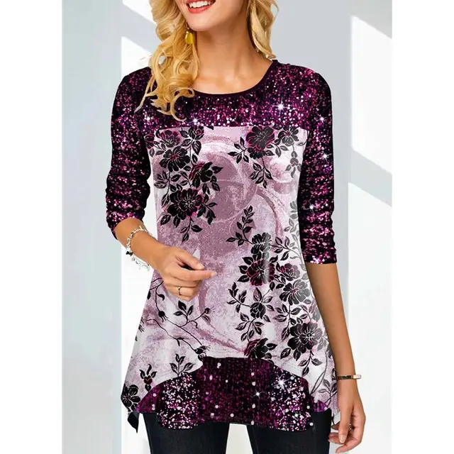 Women's Top Fashion Print Round Neck T shirt Purple - Shop at LoveMi