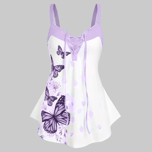 Loose Hem Printed V neck Strappy Halter Top Purple - Shop at LoveMi