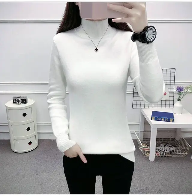 Plush Half High Collar Pullover With Black Base Knit White - Shop at LoveMi