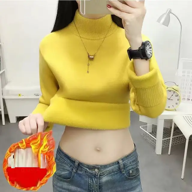 Plush Half High Collar Pullover With Black Base Knit Yellow - Shop at LoveMi