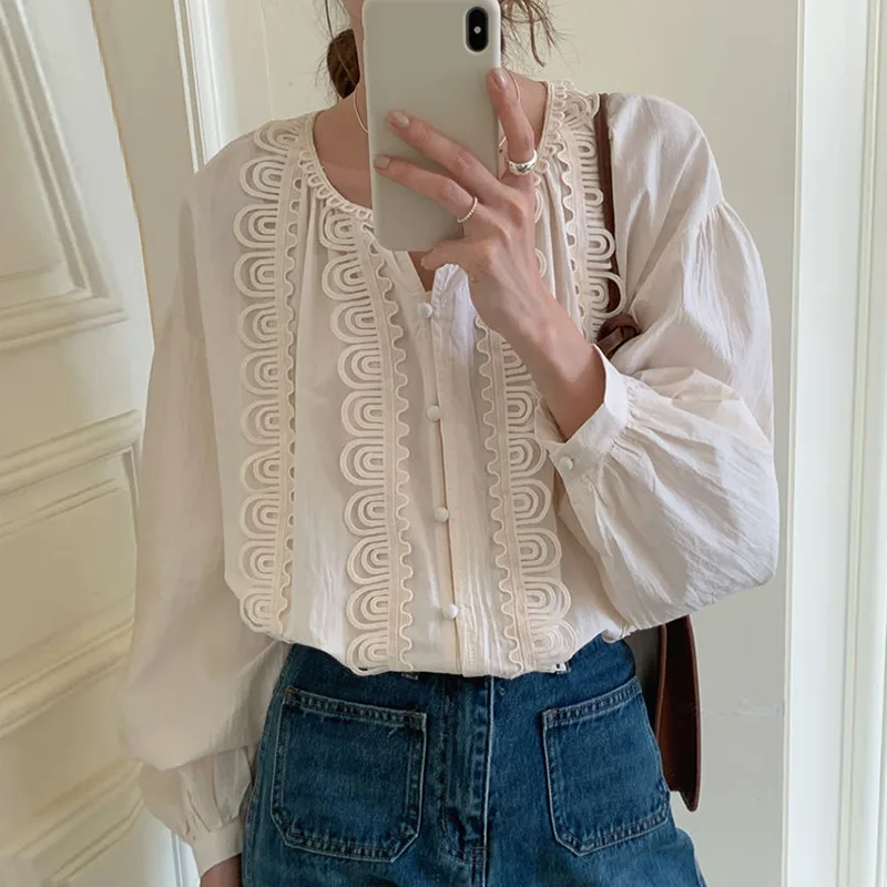 French Simple Round Neck Patchwork Cut Out Lace Shirt Apricot - Shop at LoveMi