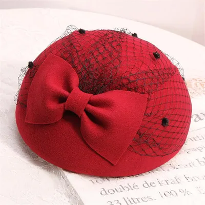 Hat Women's Vintage Woolen Fabric Bowknot Claret Red - Shop at LoveMi