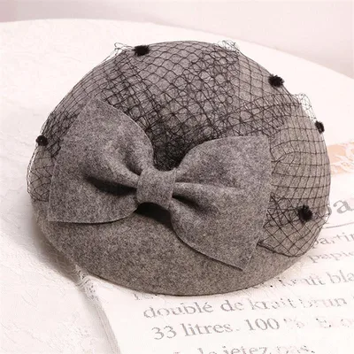 Hat Women's Vintage Woolen Fabric Bowknot Grey - Shop at LoveMi