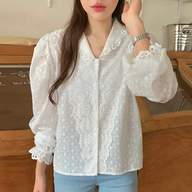 French Temperament Lapel Cut Out Crochet Design Shirt White - Shop at LoveMi