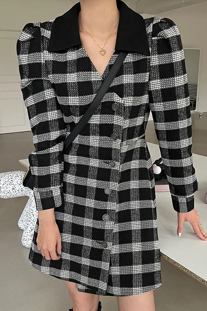 Vintage Color Contrast Check Pattern Waist Closing Bubble Sleeve Dress For Women Black Grey Grid - Shop at LoveMi