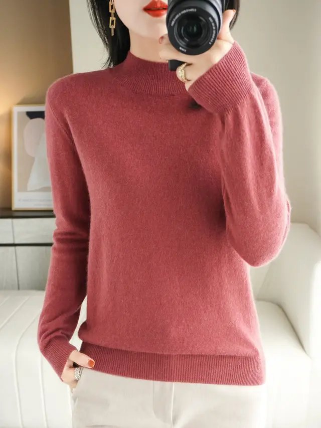Wool Blend Women's Loose Half Turtleneck Solid Color Beans Sand Red - Shop at LoveMi
