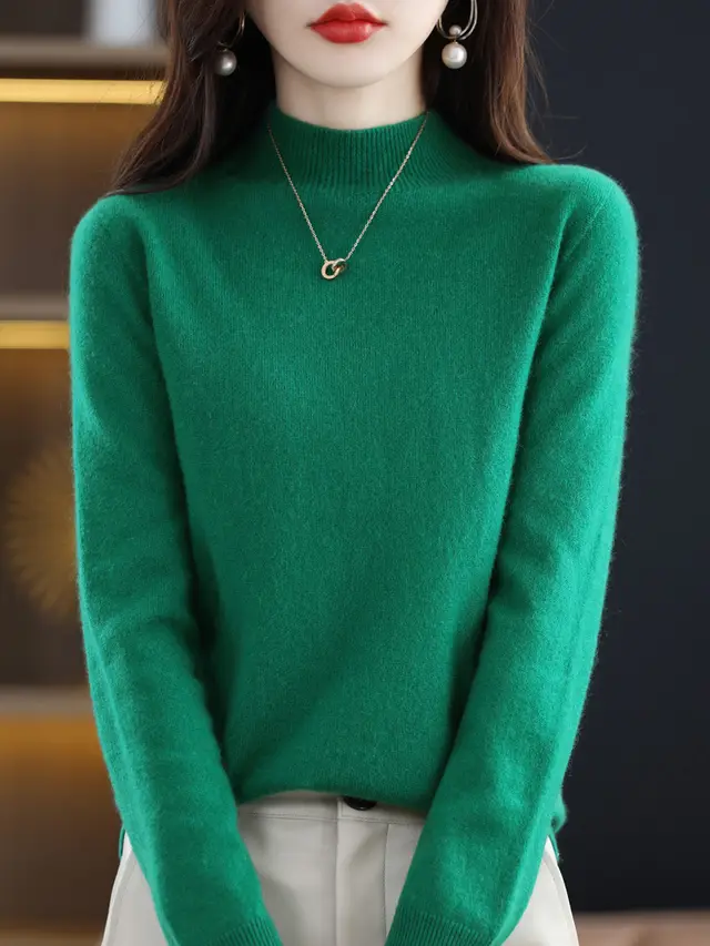 Wool Blend Women's Loose Half Turtleneck Solid Color Light Green - Shop at LoveMi