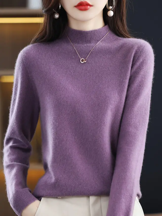 Wool Blend Women's Loose Half Turtleneck Solid Color Light Purple - Shop at LoveMi