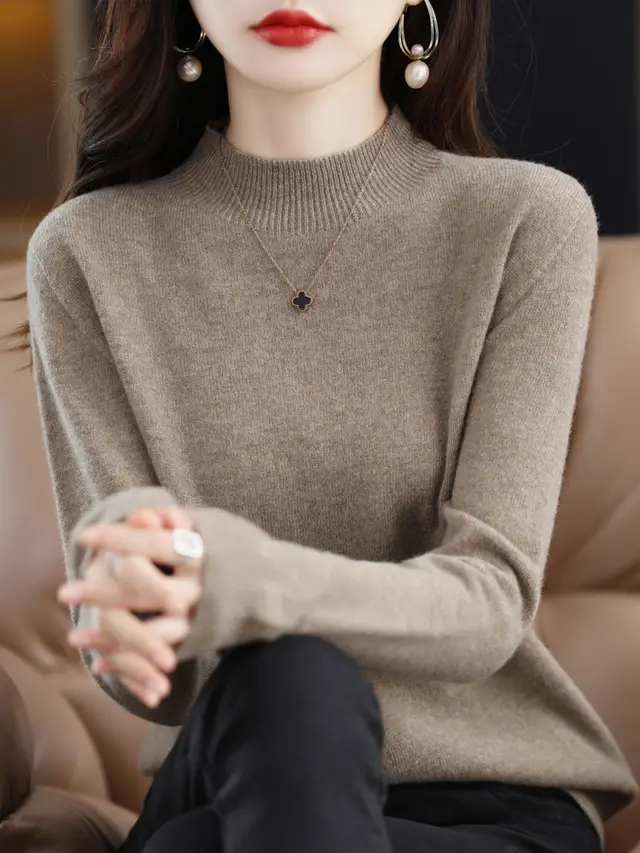 Wool Blend Women's Loose Half Turtleneck Solid Color Original Camel - Shop at LoveMi