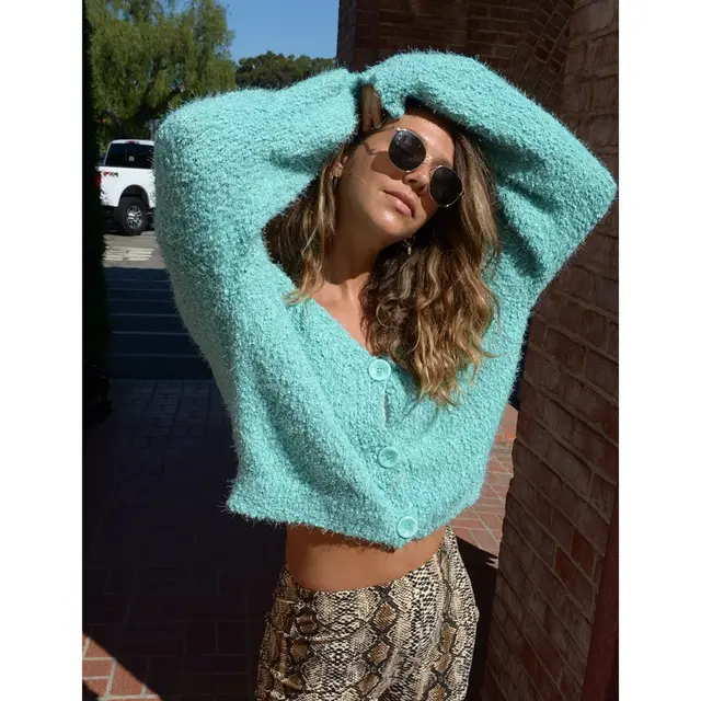 Autumn And Winter European And American Plush Knitted Solid Color Short Coat Green - Shop at LoveMi