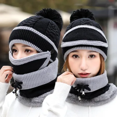 Winter Hat For Women Knitted Beanie Hat Scarf Set Warm Hat 3Pcs Black - Shop at LoveMi