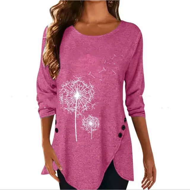 Dandelion Print Short Sleeve Button Down T shirt Summer Red - Shop at LoveMi