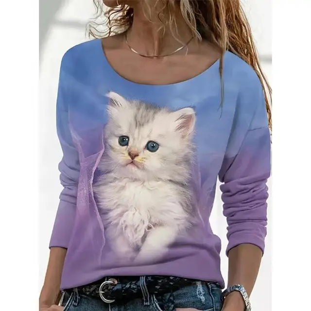 New Animal Pattern Long sleeved T shirt Female Bottoming Shirt Blue - Shop at LoveMi